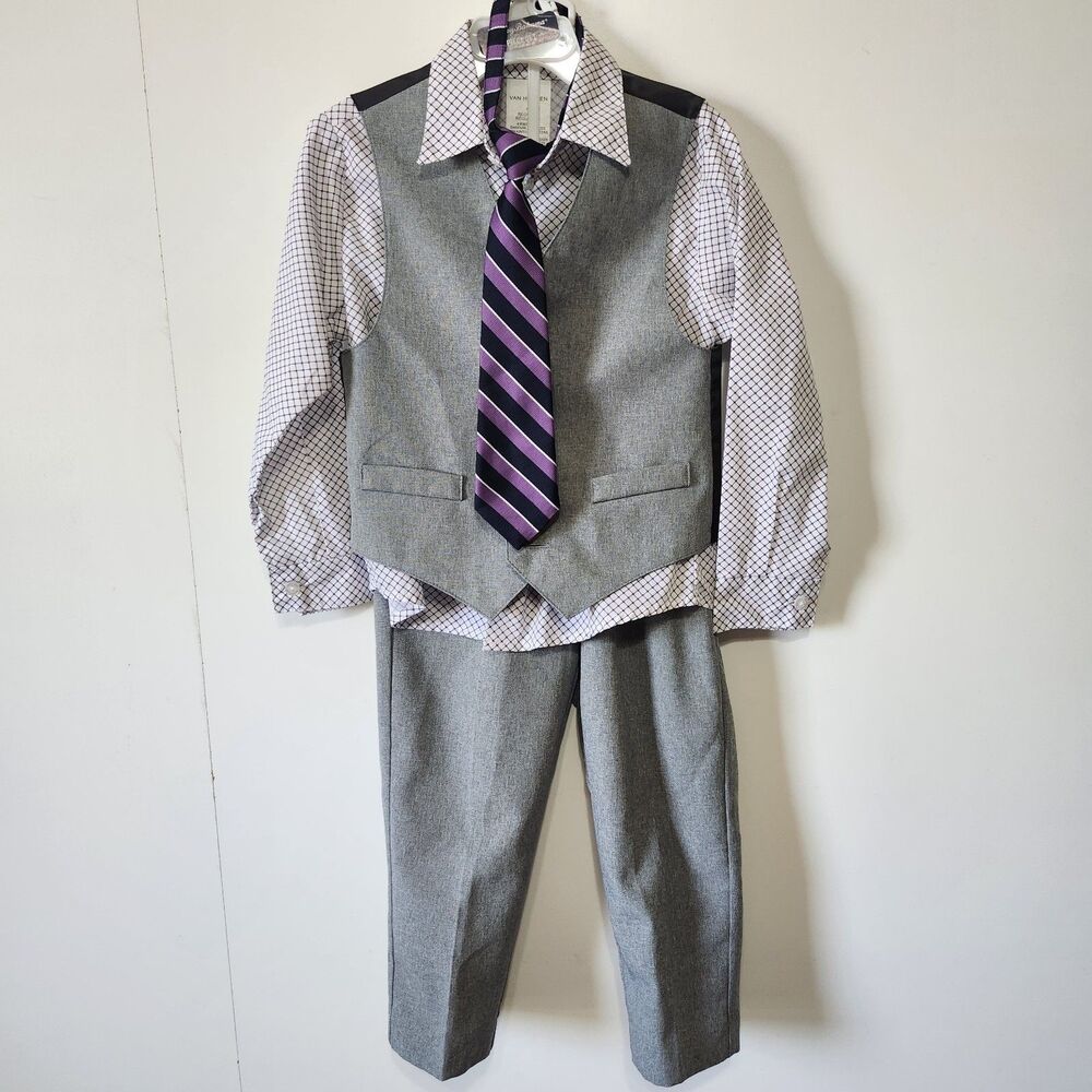 Van Heusen Boys 4-Piece Suit Set Size 4 Gray Vest Pants Plaid Shirt Purple Tie